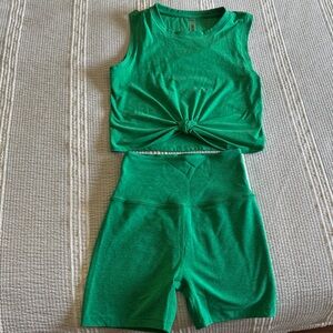 Beyond Yoga Green Twist Front Crop Top & High Waist Biker Short Set
